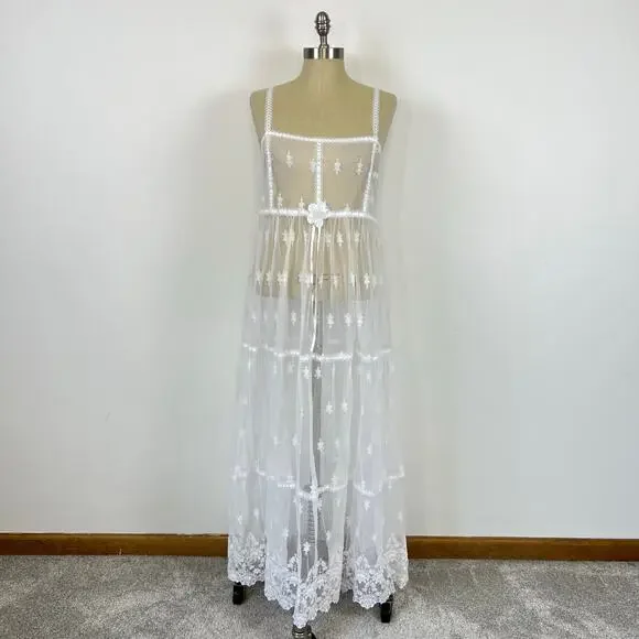Vintage No Strings Attached Sheer White Floral Coverup Bridal Night Gown Dress M - Picture 4 of 13